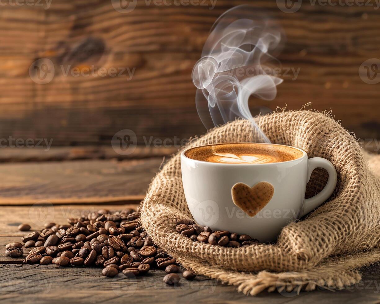 AI generated Cup with Heart-shaped Smoke and Beans on Burlap Sack, Old Wooden Background Beans on Burlap Sack Cup photo