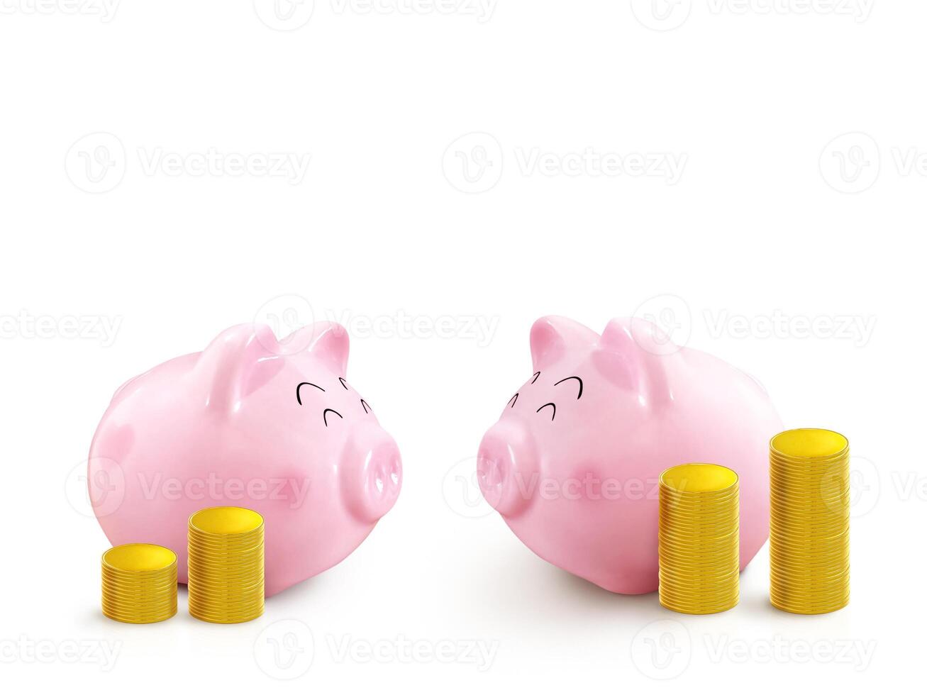 Piggy bank with gold coins isolated on white background photo