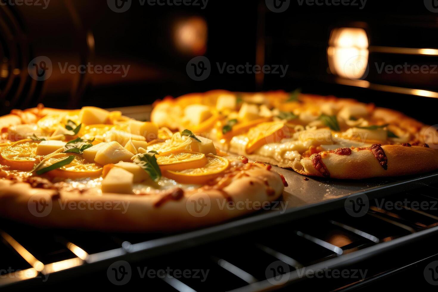 AI generated View inside the oven tray baking pizza professional advertising food photography photo