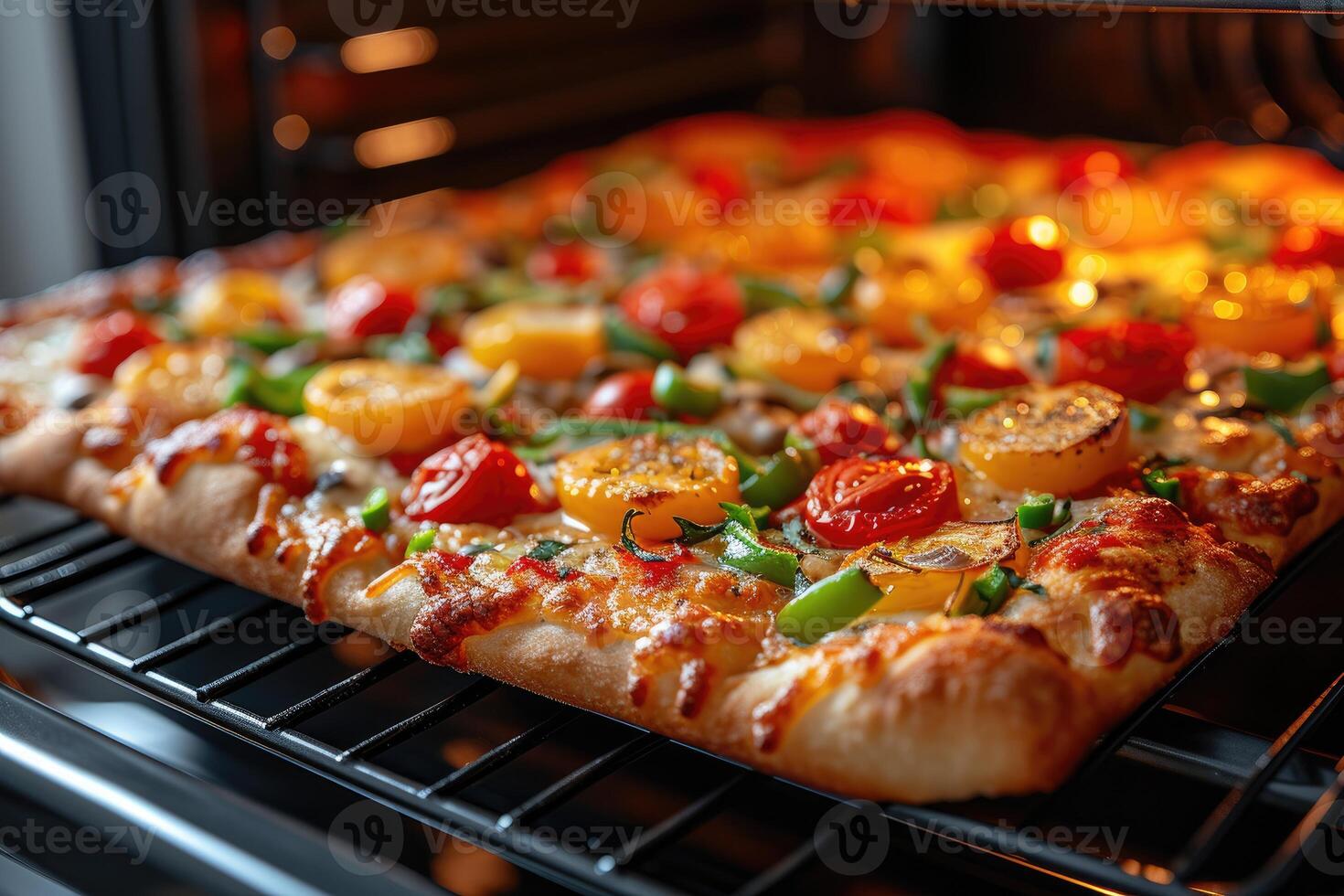 AI generated View inside the oven tray baking pizza professional advertising food photography photo