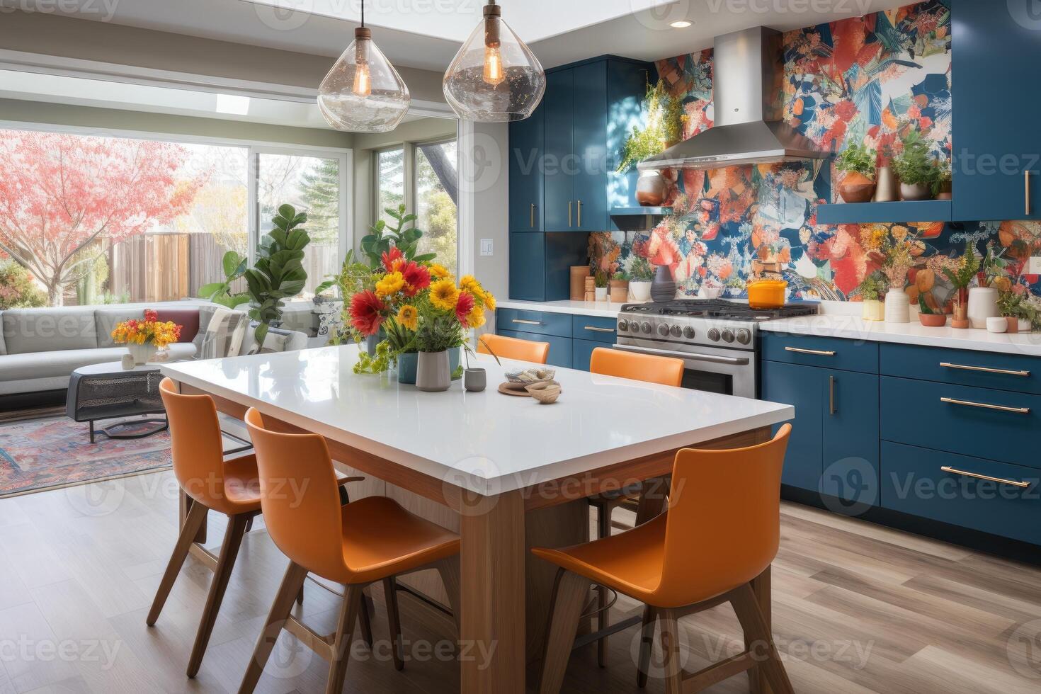 AI generated modern kitchen with countertops colorful and playful patterns interior designer professional advertising photography photo