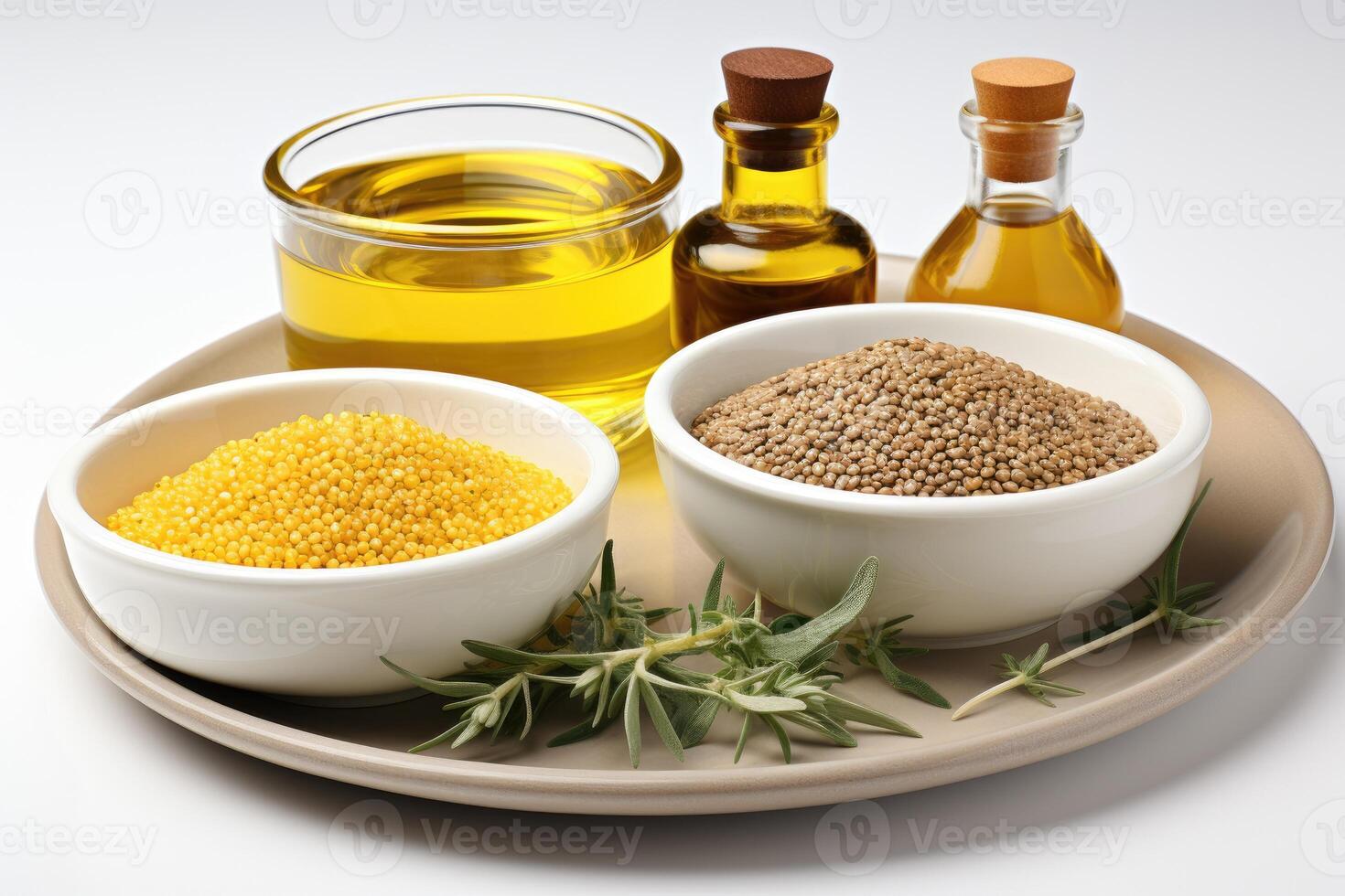 AI generated sesame oil extract with isolated kitchen table professional advertising food photography photo