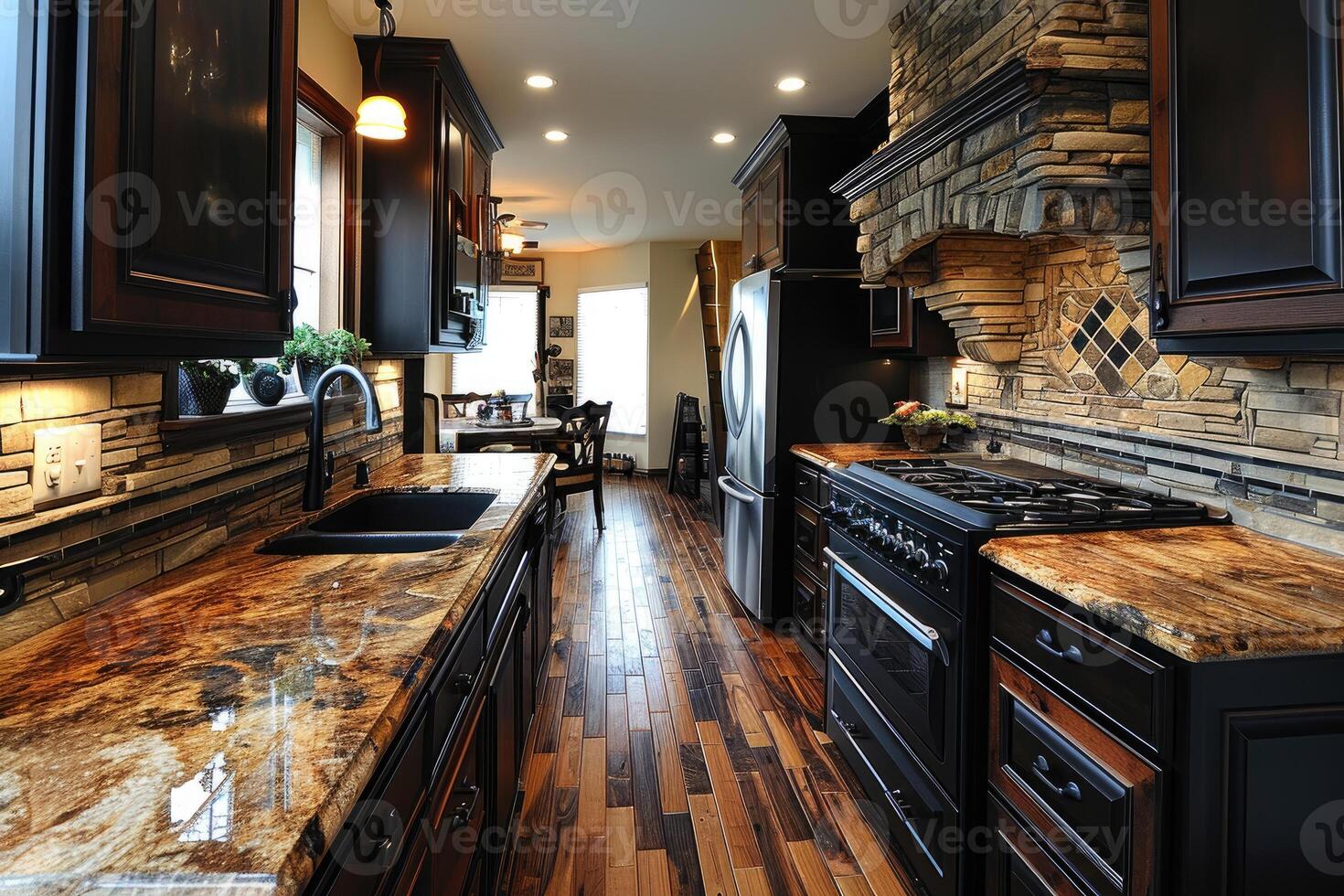 AI generated modern kitchen design with wooden flooring interior professional advertising photography photo