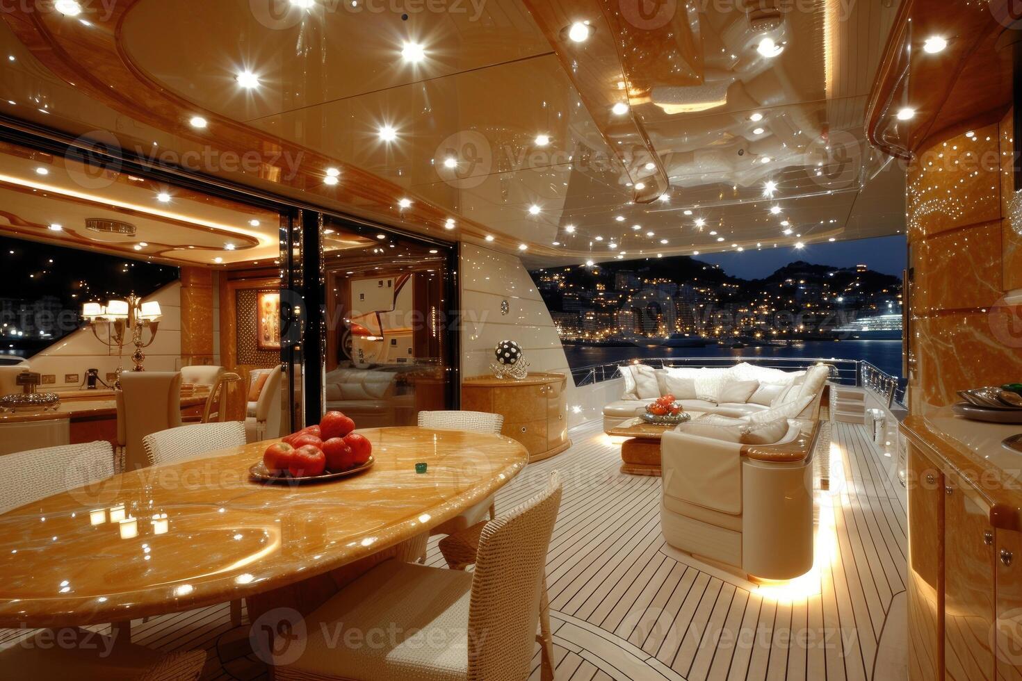 AI generated Dining table on the upper deck fancy yacht professional advertising food photography photo