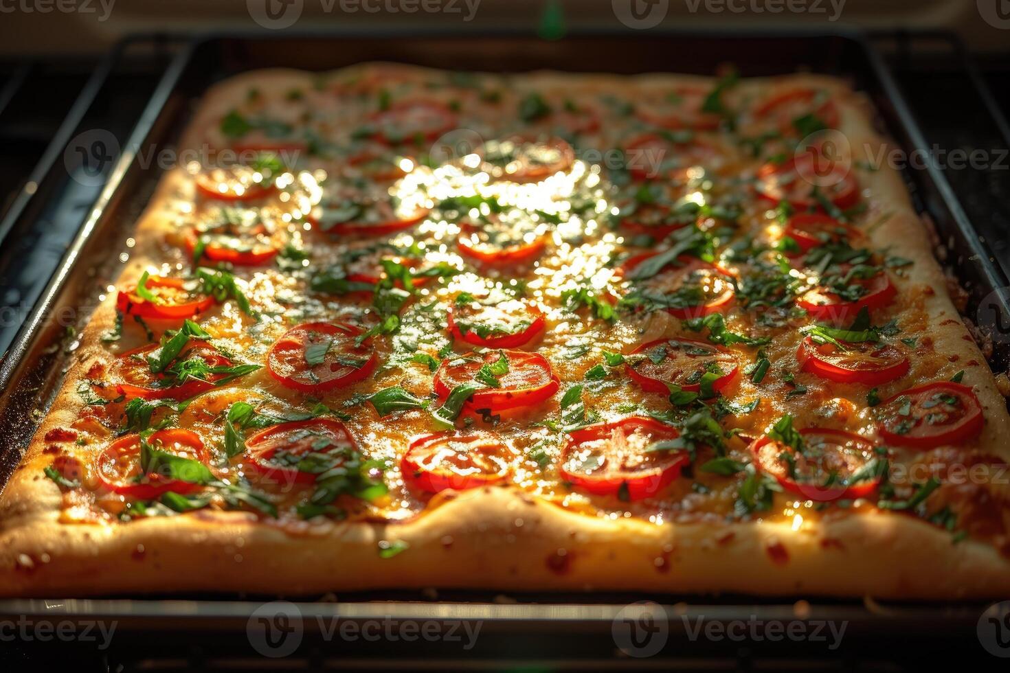 AI generated View inside the oven tray baking pizza professional advertising food photography photo