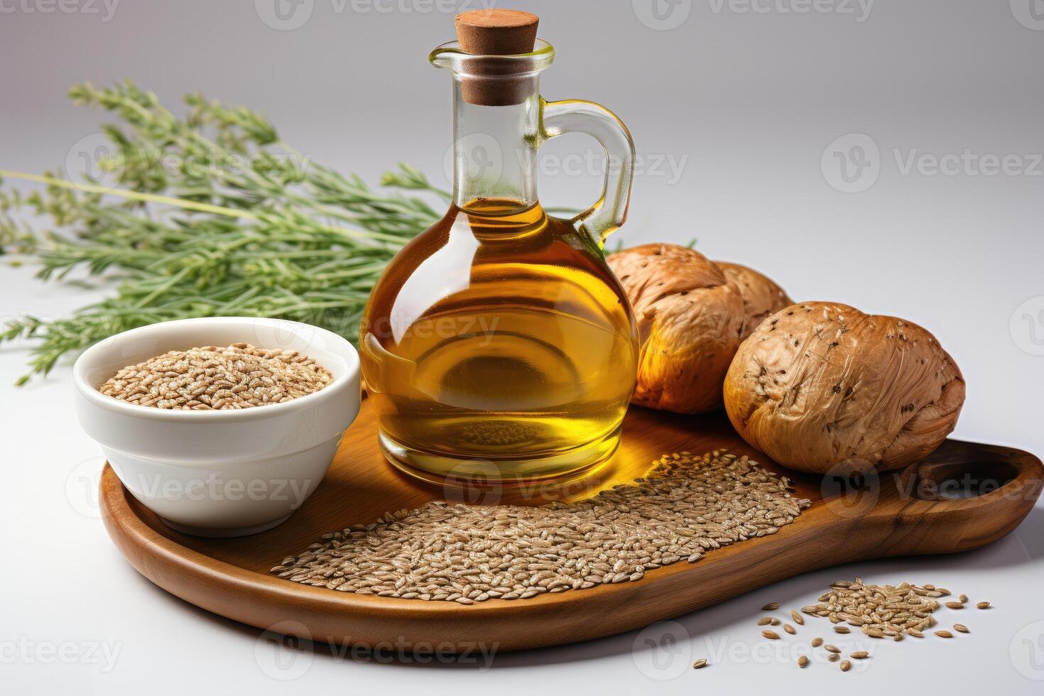 AI generated sesame oil extract with isolated kitchen table professional advertising food photography photo