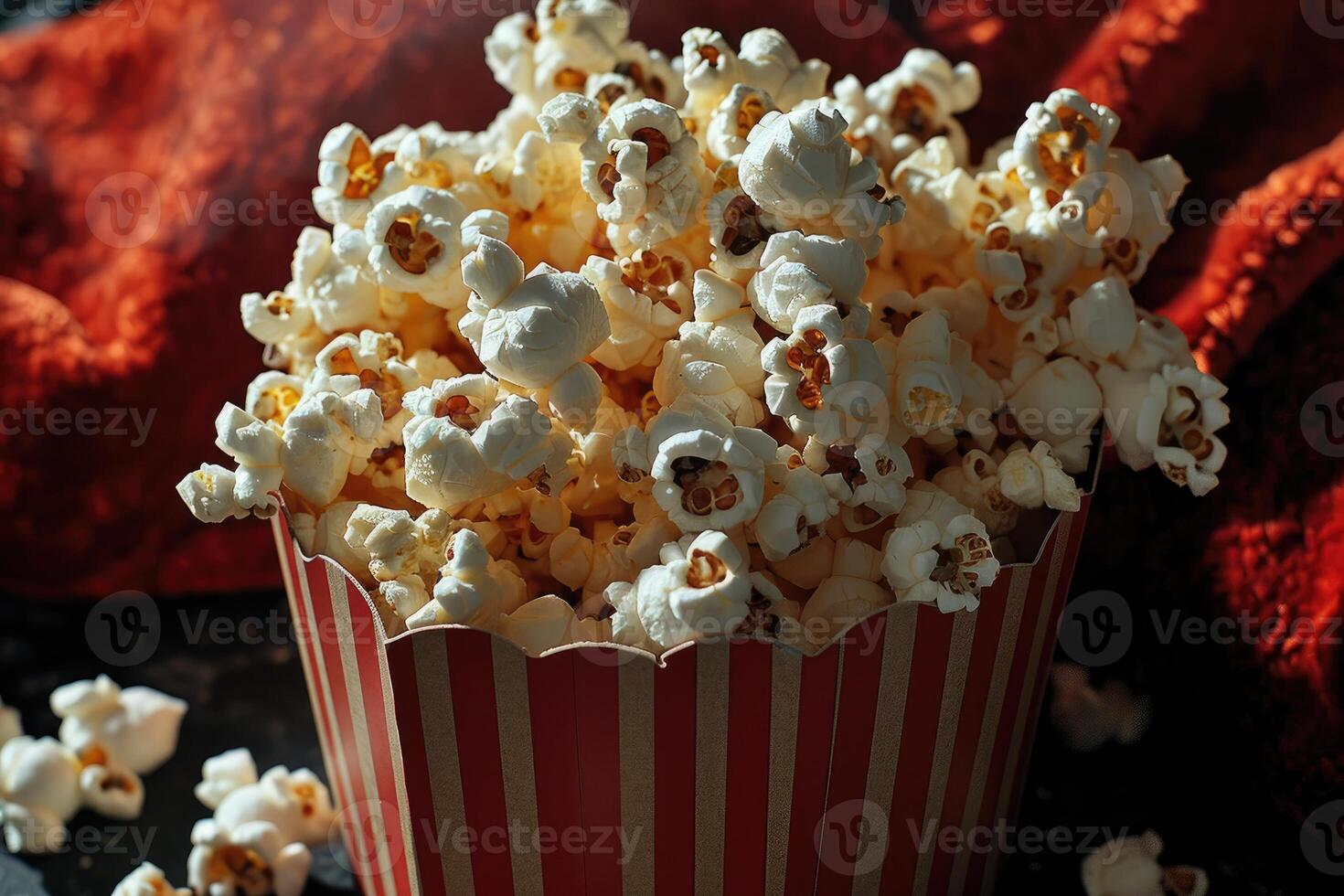 AI generated popcorn popping in striped cardboard bucket professional advertising food photography photo