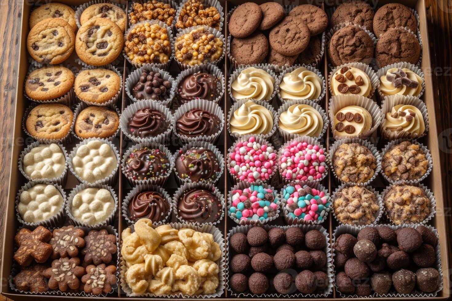 AI generated A large gift box filled with a variety of chocolates and cookies professional advertising food photography photo