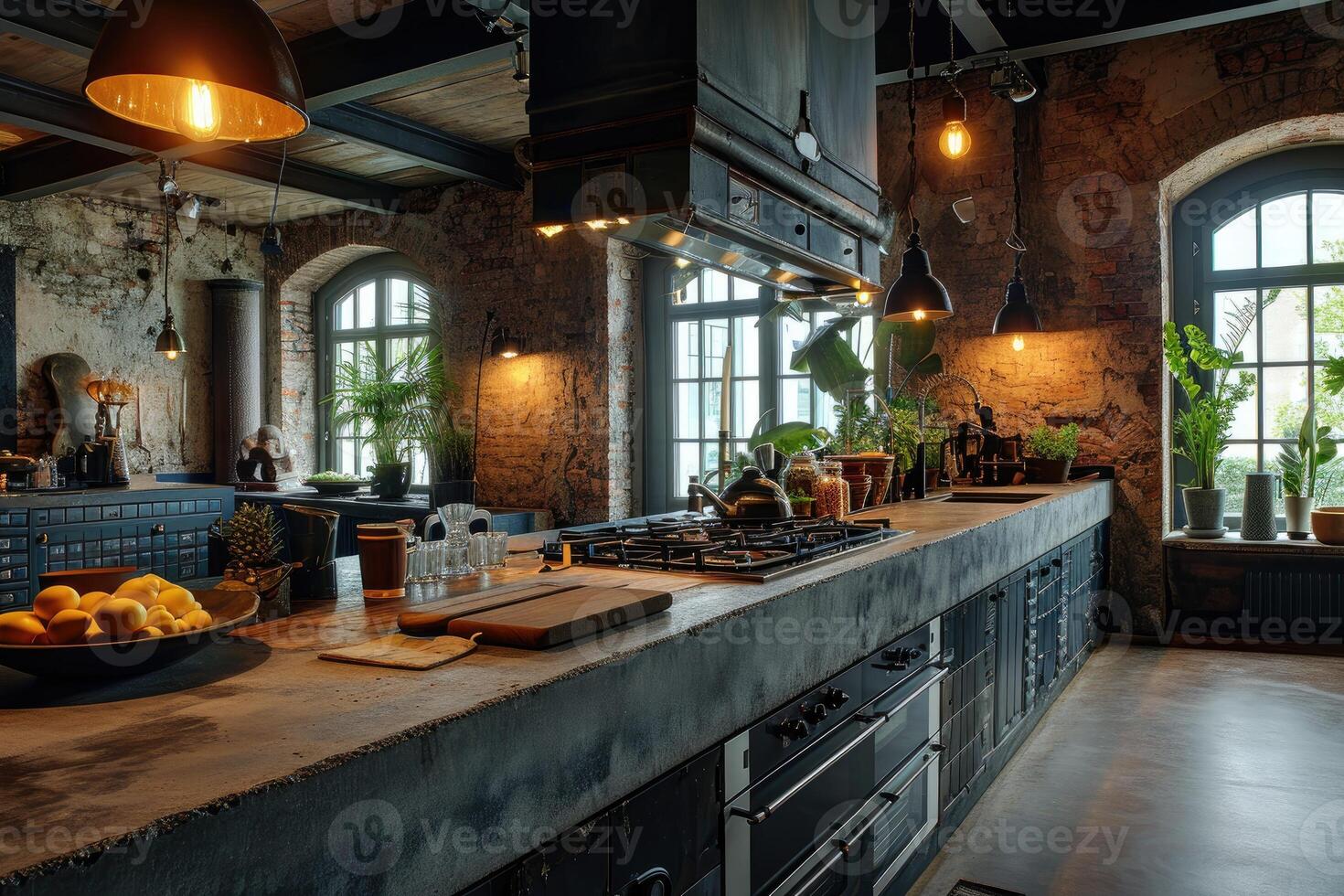 AI generated industrial kitchen design with concrete professional advertising photography photo