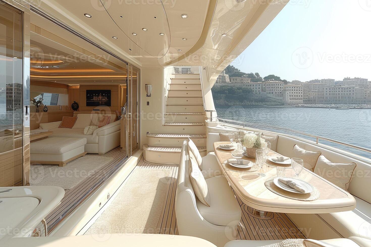 AI generated Dining table on the upper deck fancy yacht professional advertising food photography photo