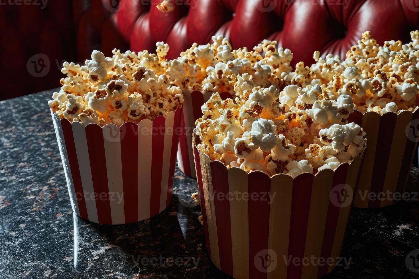 AI generated popcorn popping in striped cardboard bucket professional advertising food photography photo