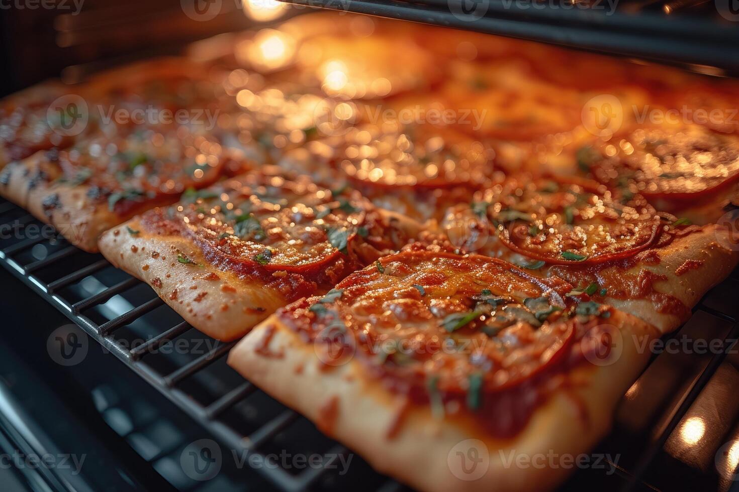 AI generated View inside the oven tray baking pizza professional advertising food photography photo