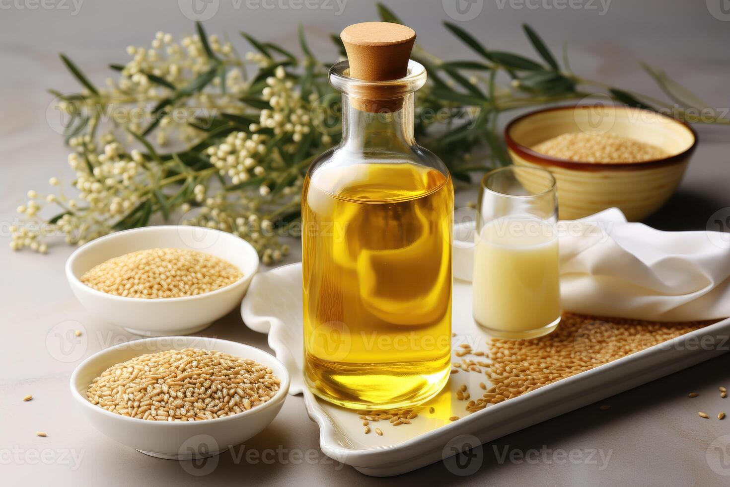 AI generated sesame oil extract with isolated kitchen table professional advertising food photography photo