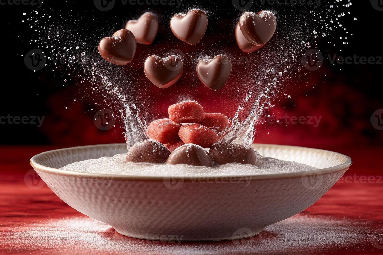 AI generated heart chocolate cookies flying in the air professional advertising food photography photo