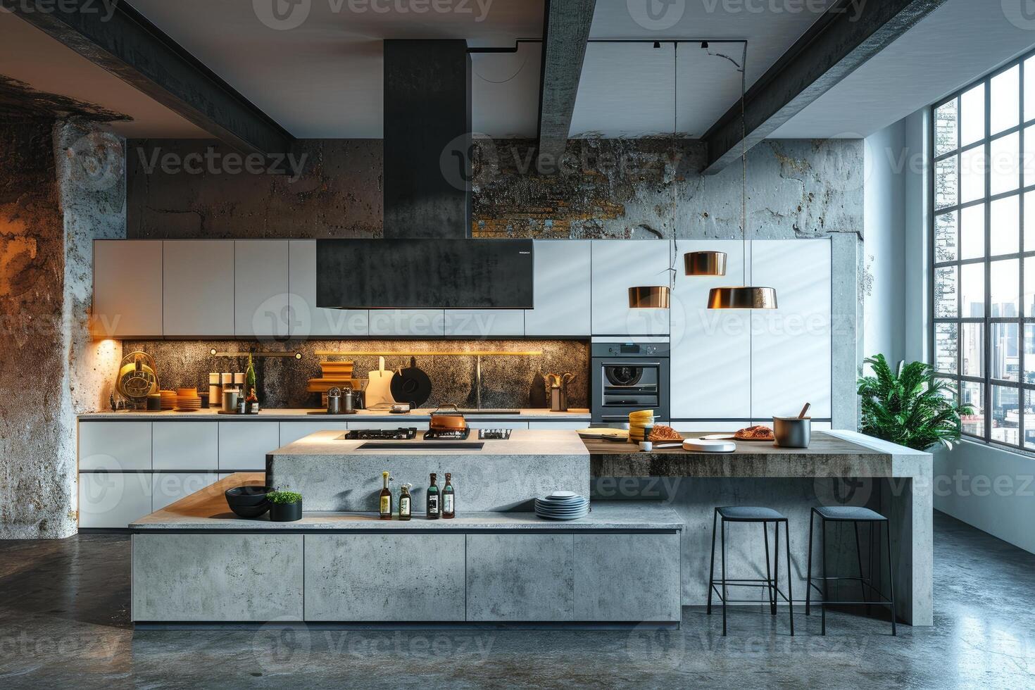 AI generated industrial kitchen design with concrete professional advertising photography photo