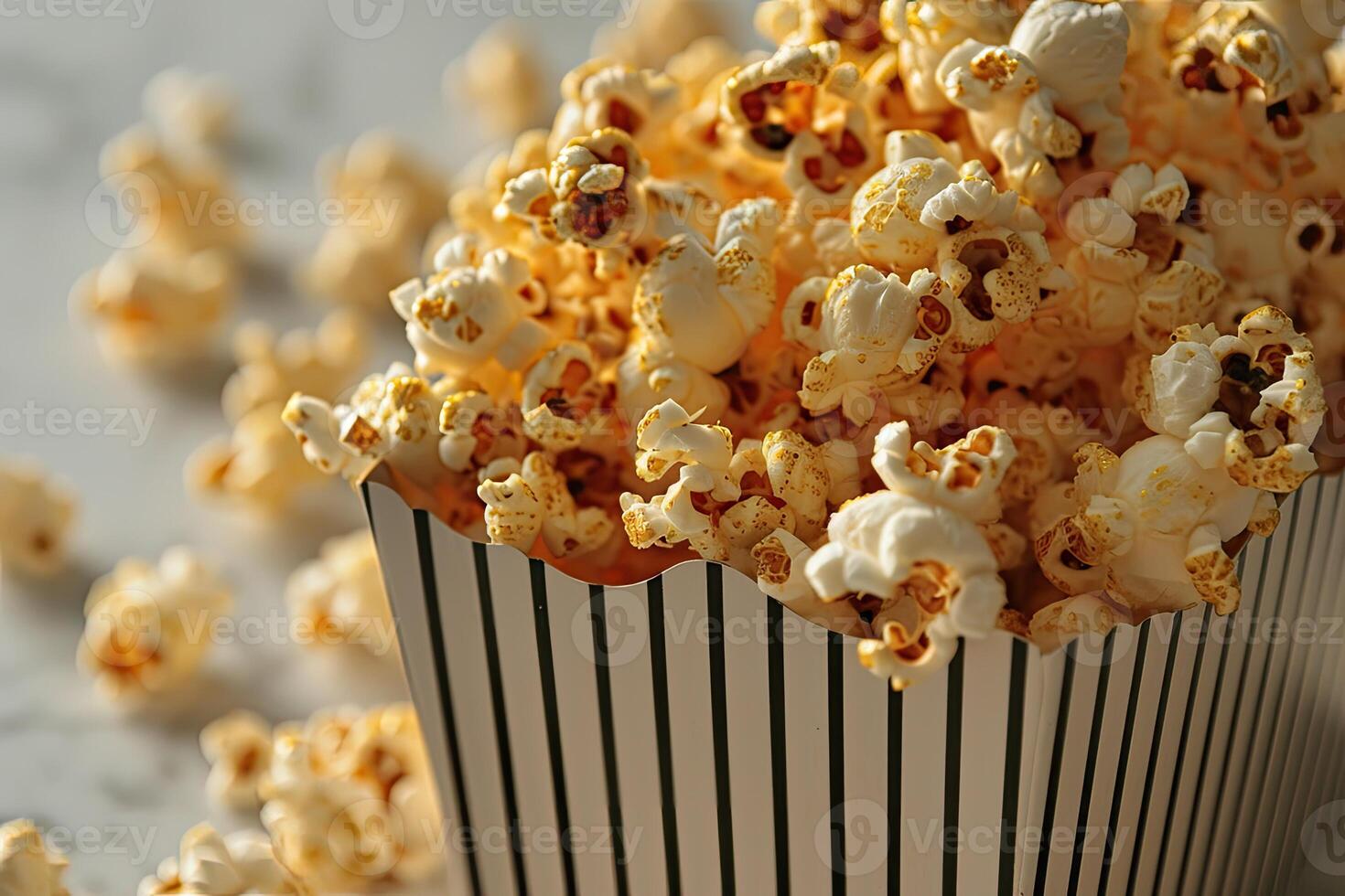 AI generated popcorn popping in striped cardboard bucket professional advertising food photography photo