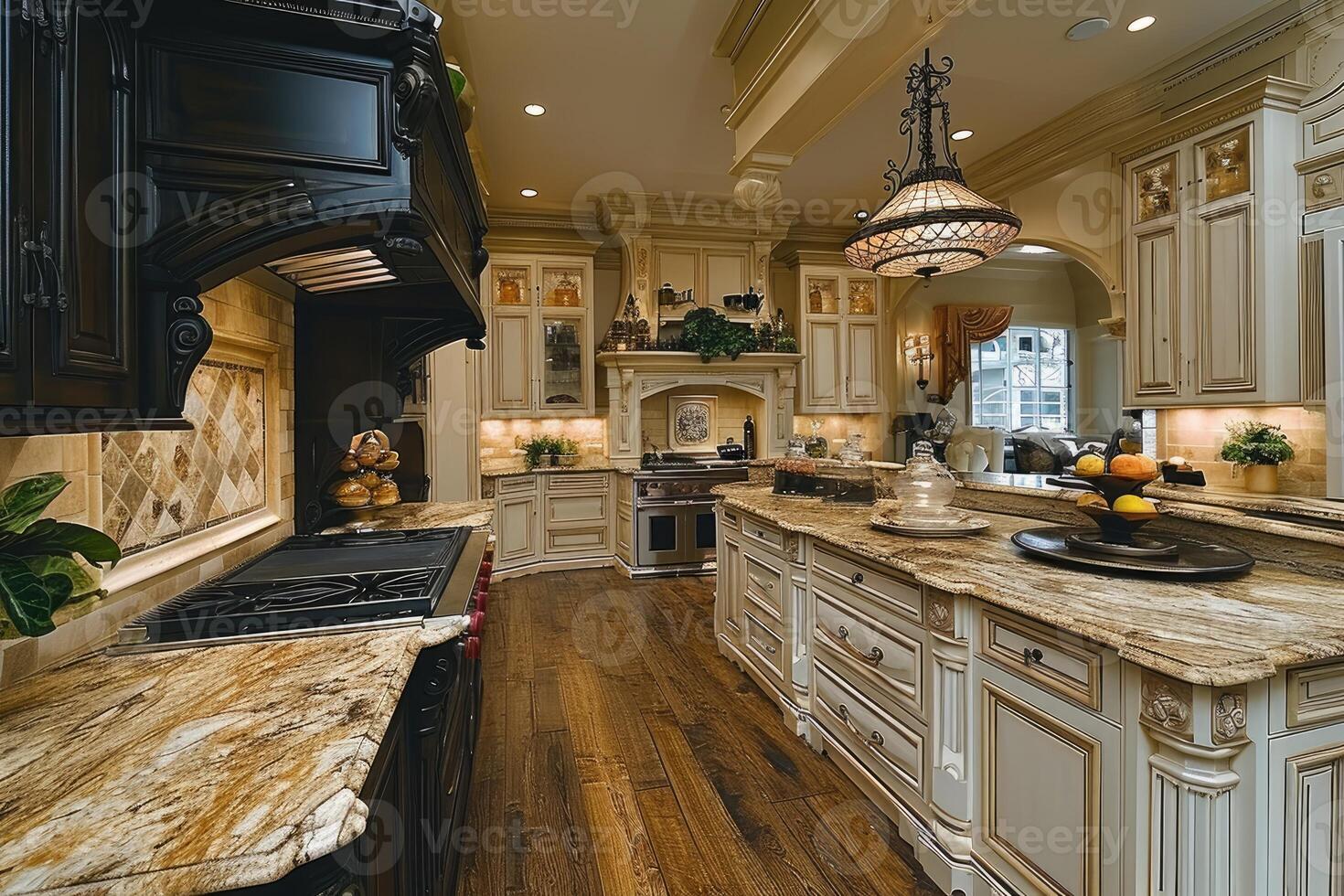 AI generated modern kitchen design with wooden flooring interior professional advertising photography photo