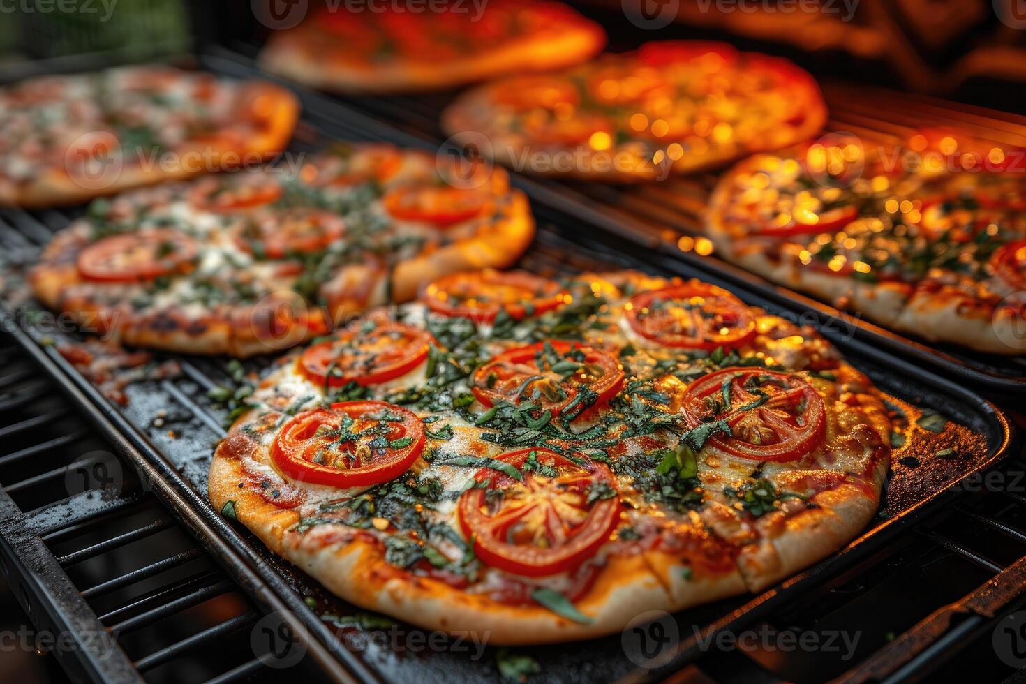 AI generated View inside the oven tray baking pizza professional advertising food photography photo