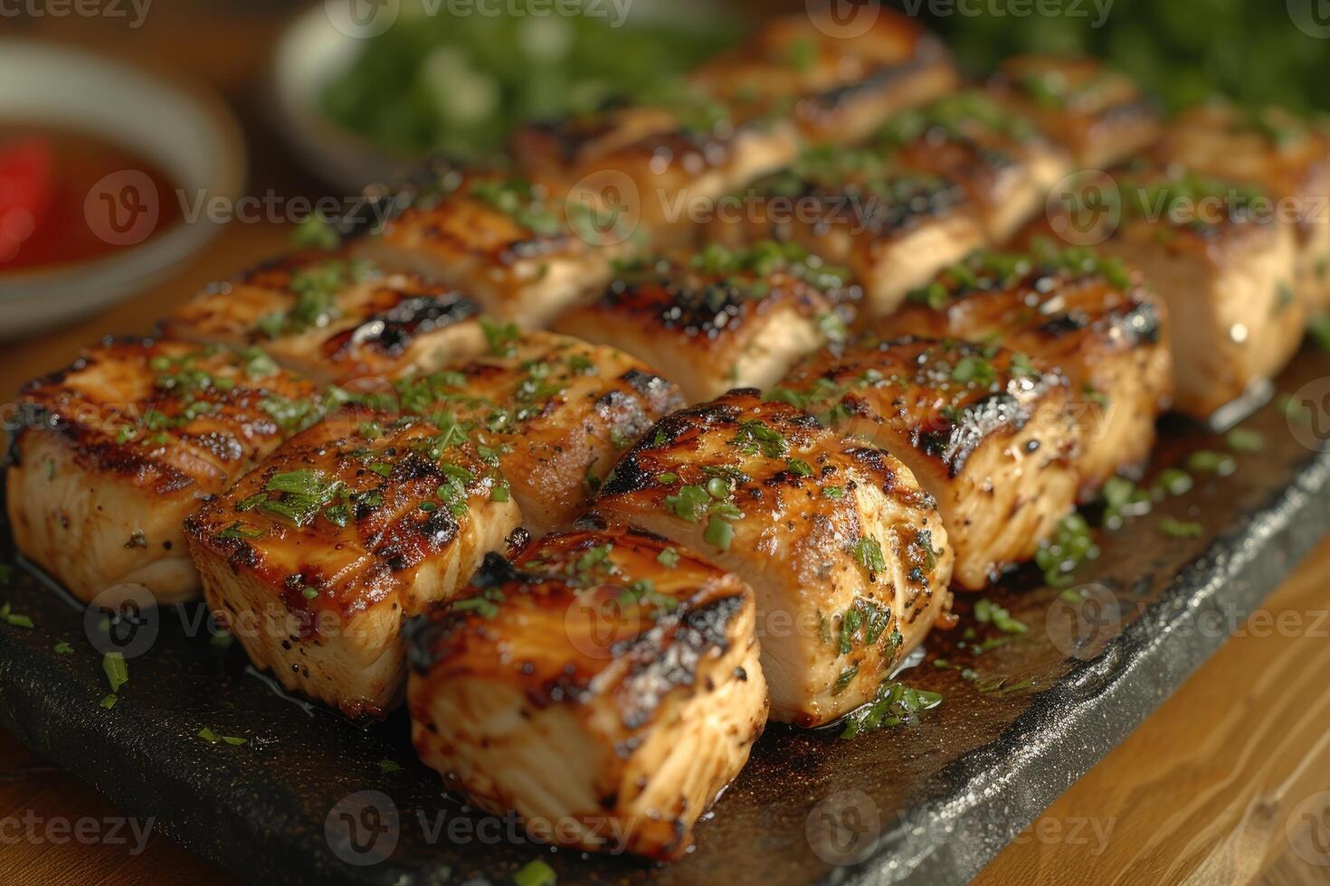 AI generated A plate of a well plated cooked Japanese dish on a table top professional advertising food photography photo