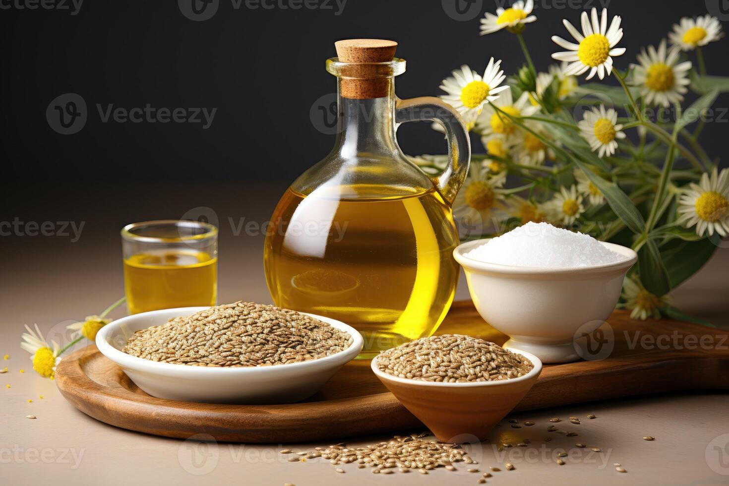 AI generated sesame oil extract with isolated kitchen table professional advertising food photography photo