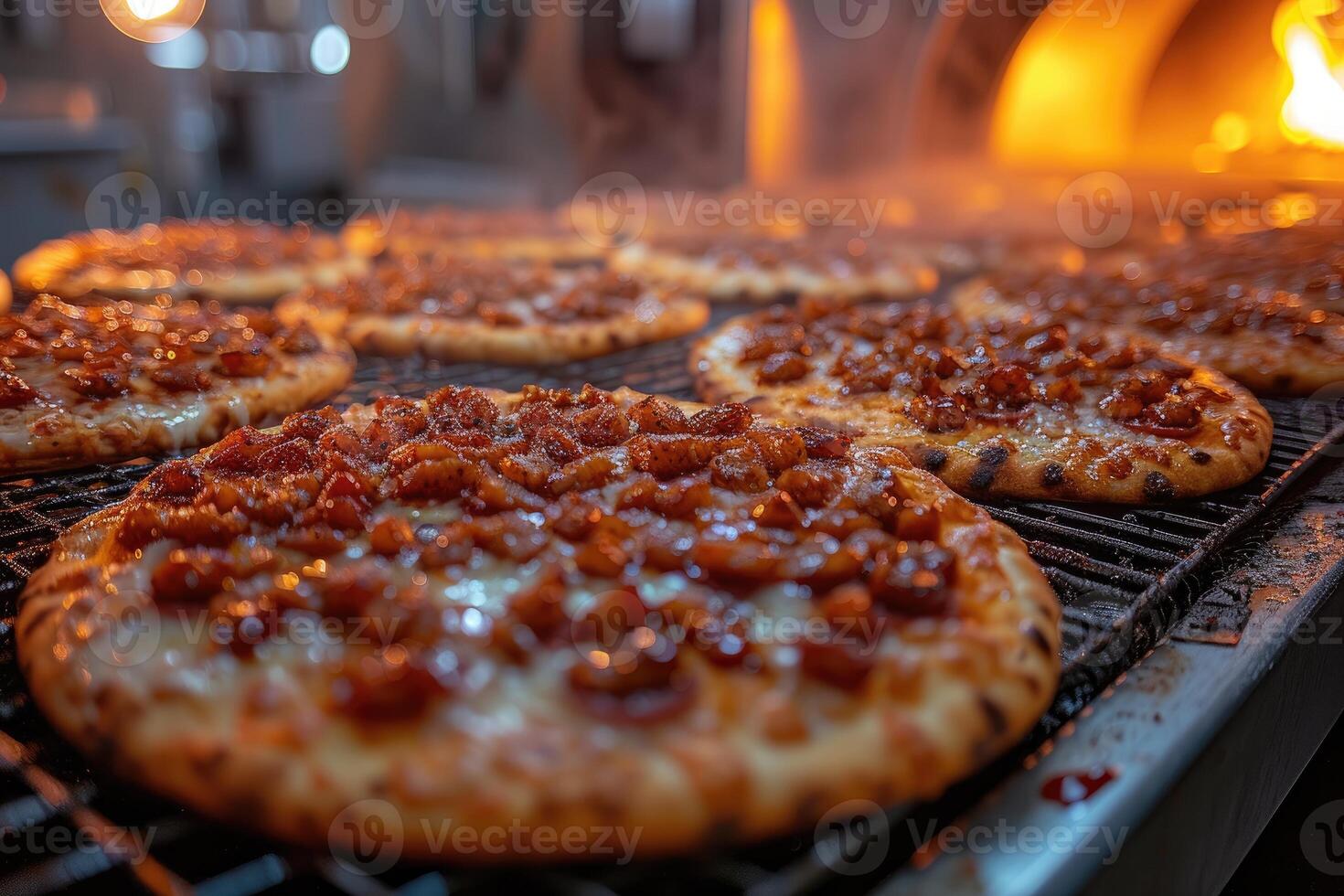 ai generado ver dentro el horno bandeja horneando Pizza profesional publicidad comida fotografía foto