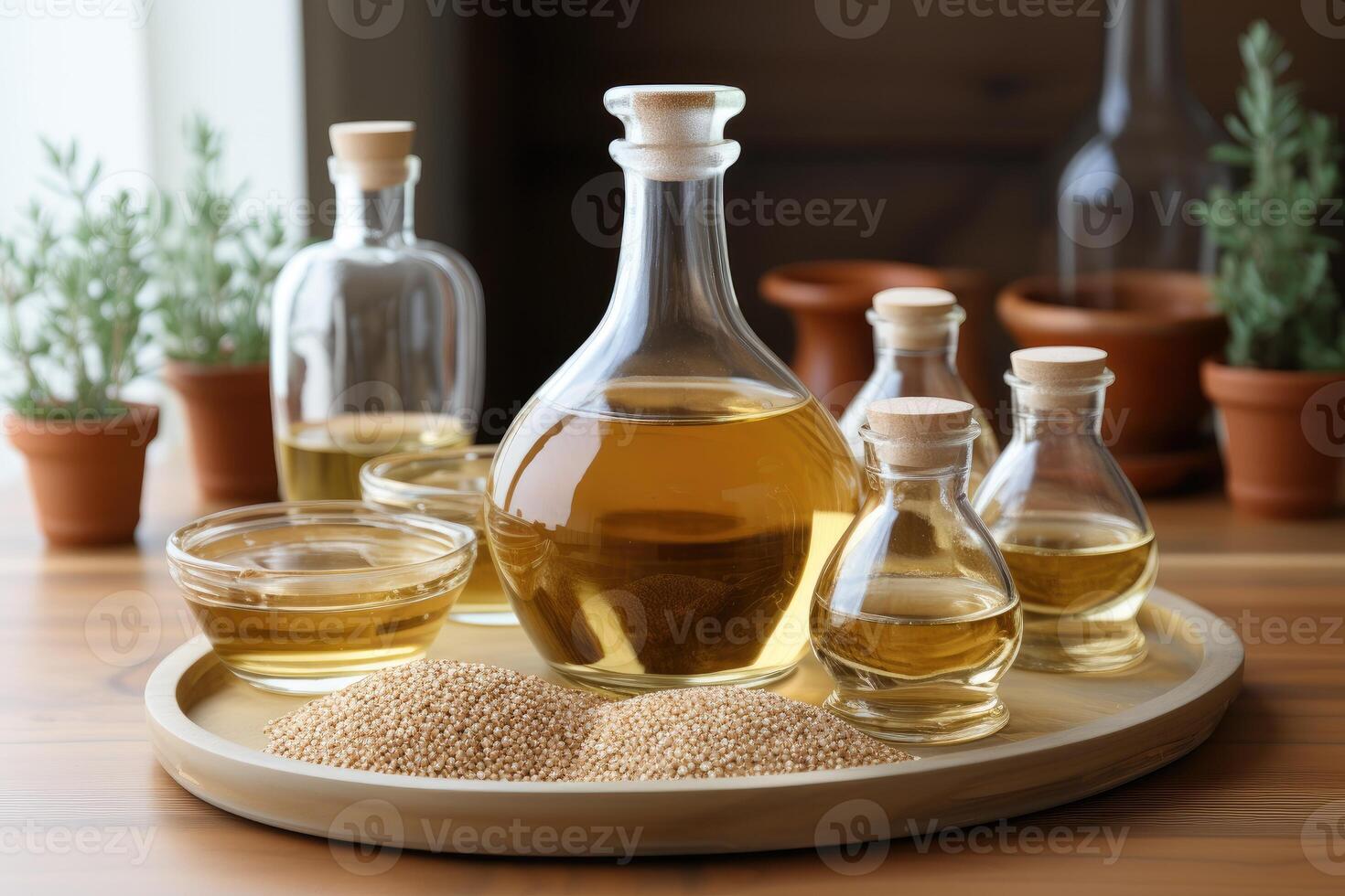 AI generated sesame oil extract with isolated kitchen table professional advertising food photography photo