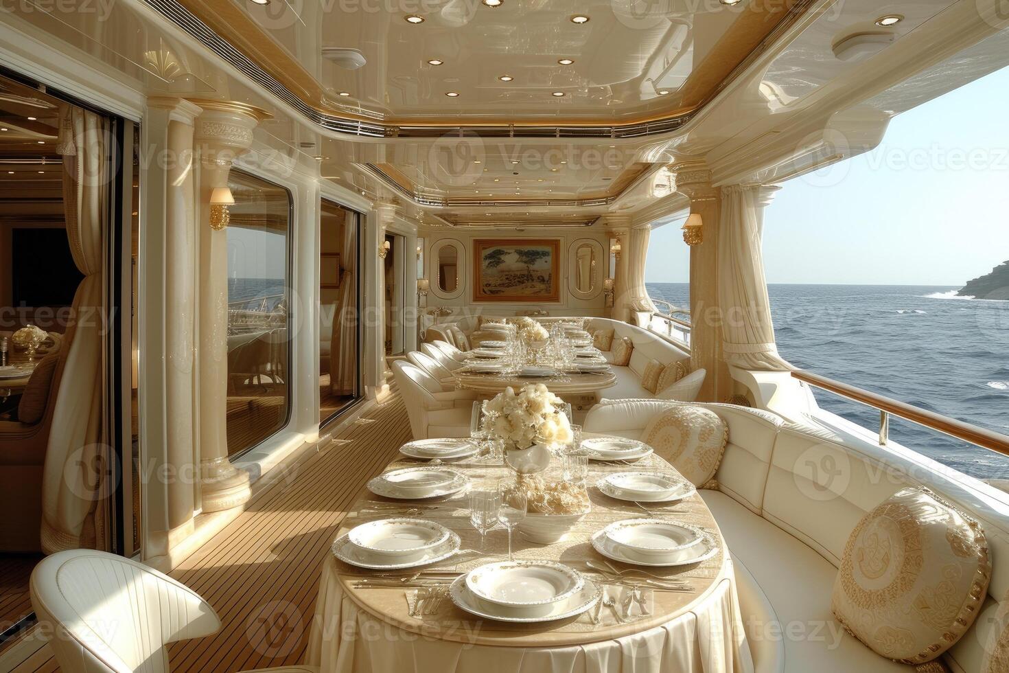 AI generated Dining table on the upper deck fancy yacht professional advertising food photography photo