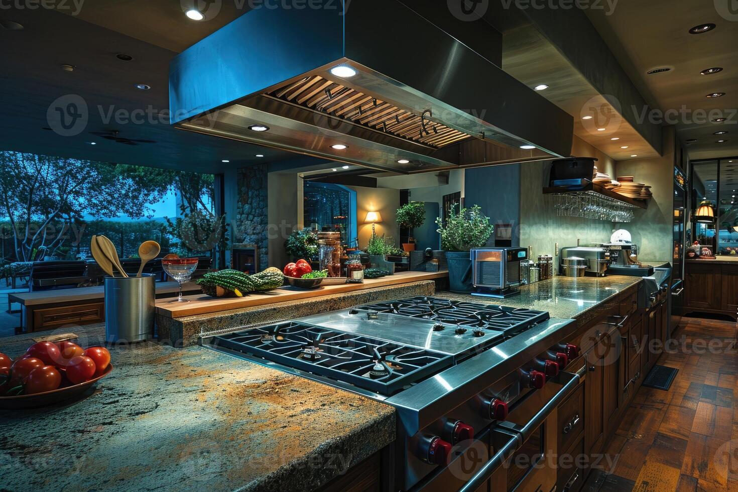 AI generated modern kitchen design with wooden flooring interior professional advertising photography photo