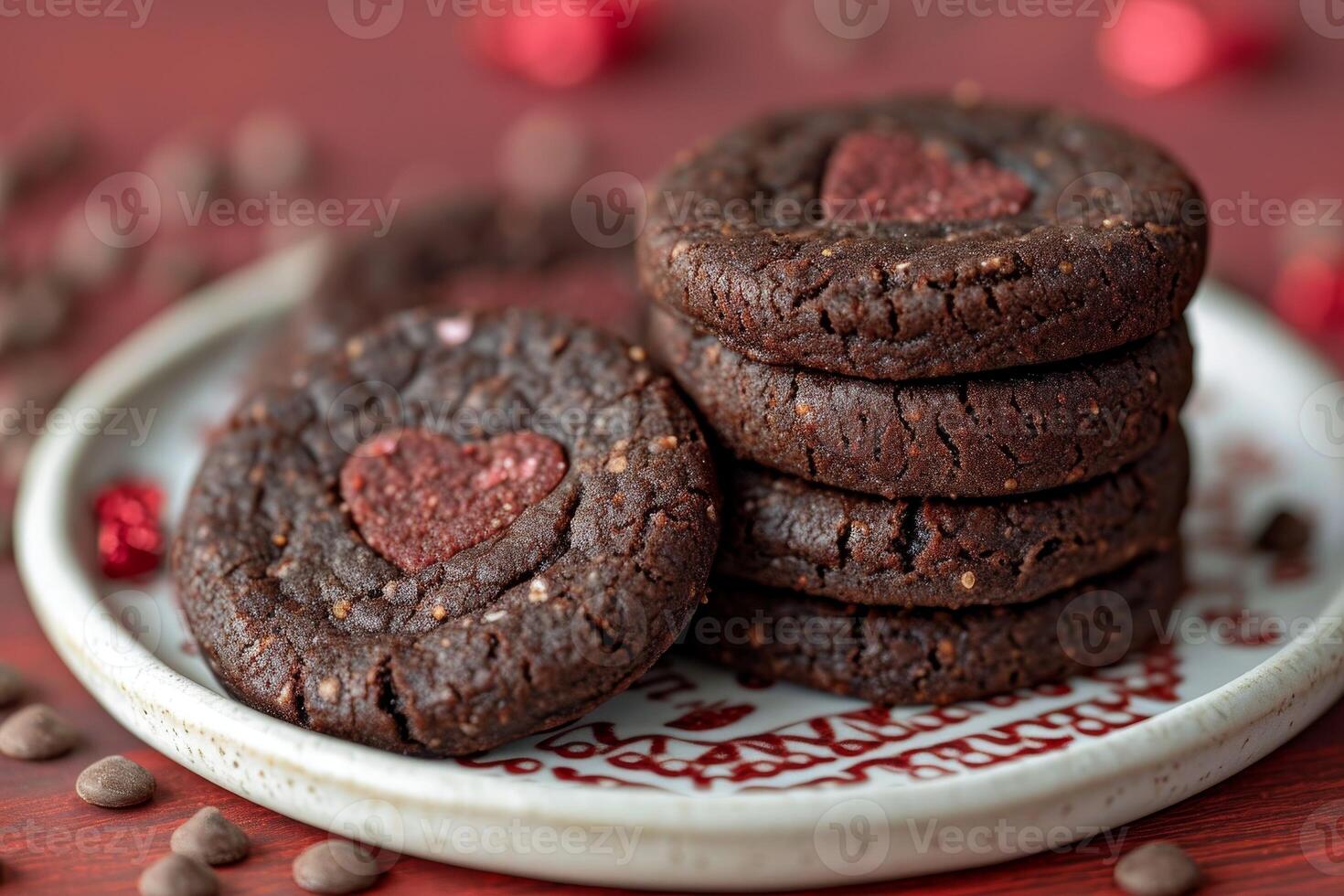 AI generated heart chocolate cookies flying in the air professional advertising food photography photo