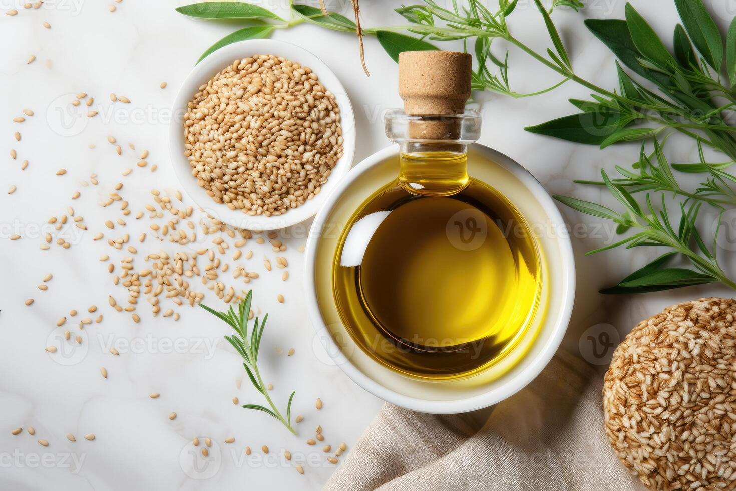 AI generated sesame oil extract with isolated kitchen table professional advertising food photography photo