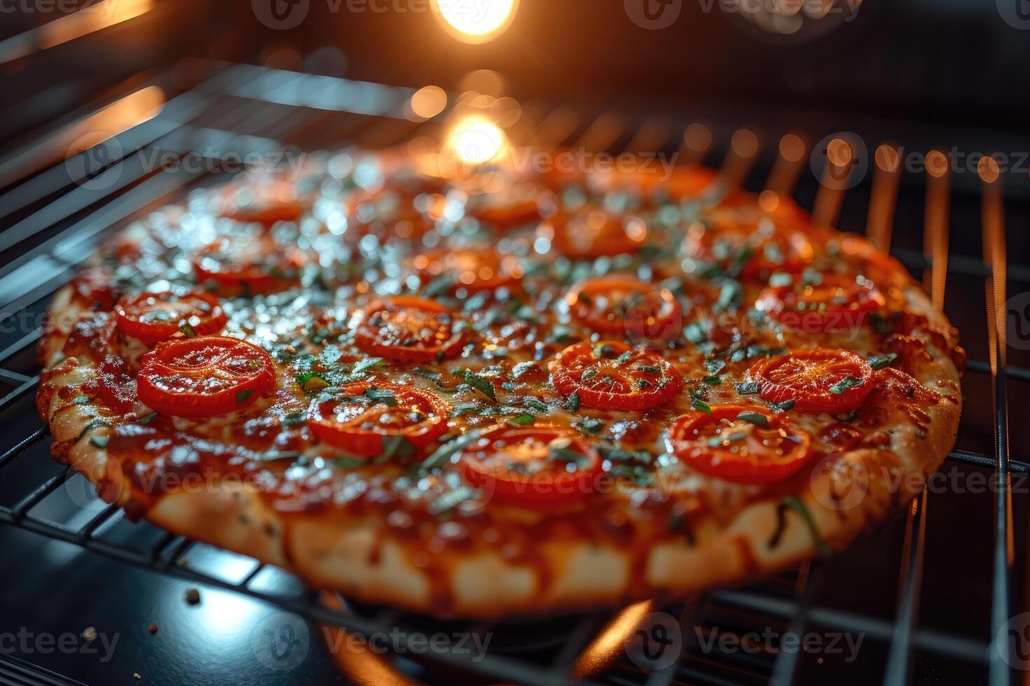 AI generated View inside the oven tray baking pizza professional advertising food photography photo