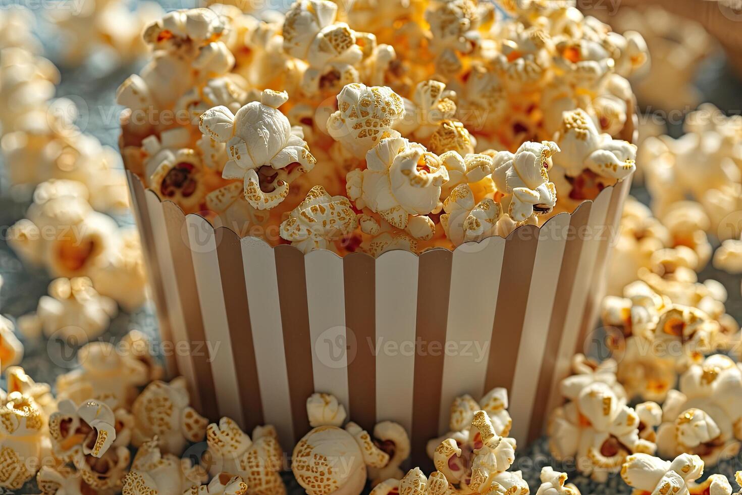 AI generated popcorn popping in striped cardboard bucket professional advertising food photography photo
