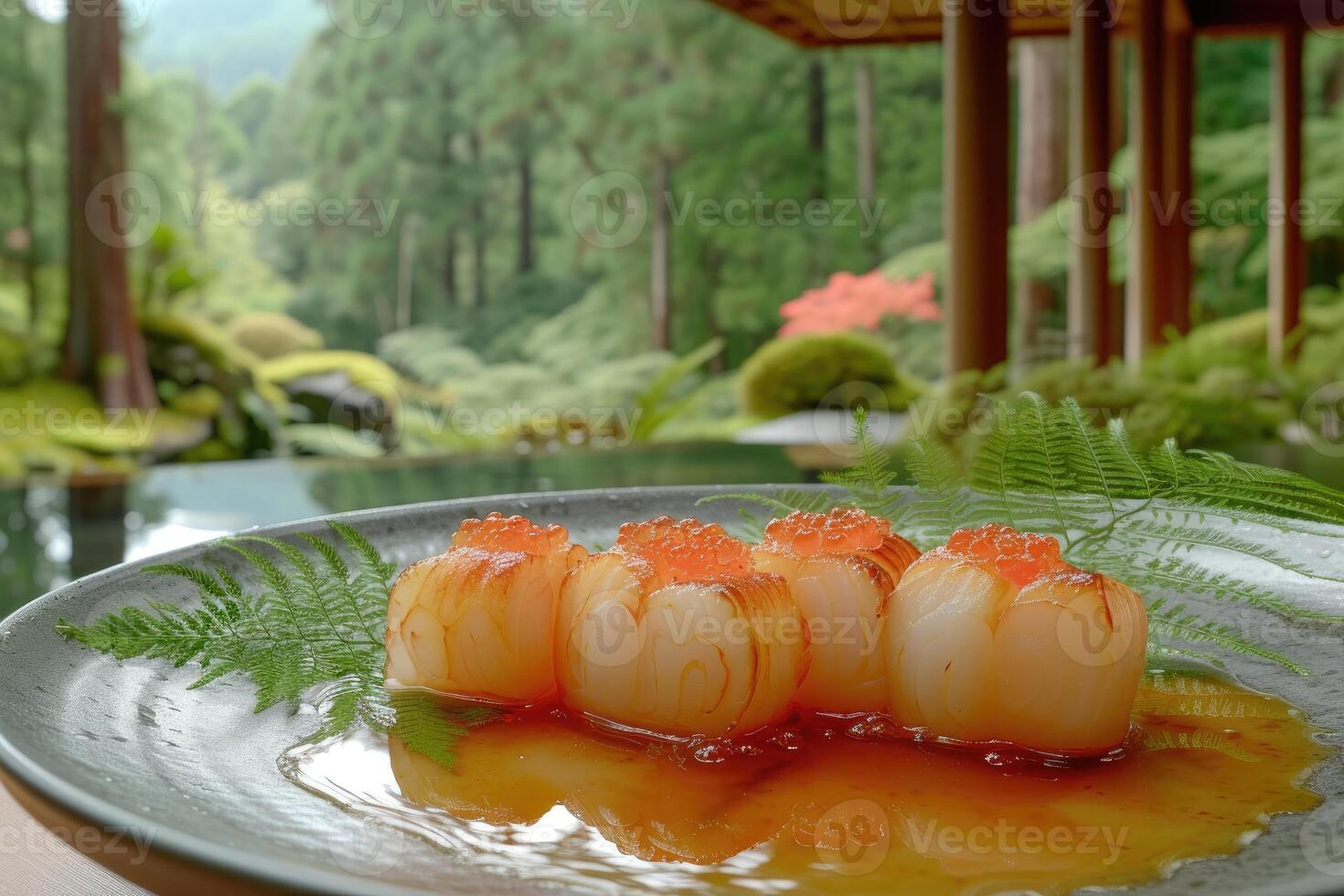 AI generated A plate of a well plated cooked Japanese dish on a table top professional advertising food photography photo