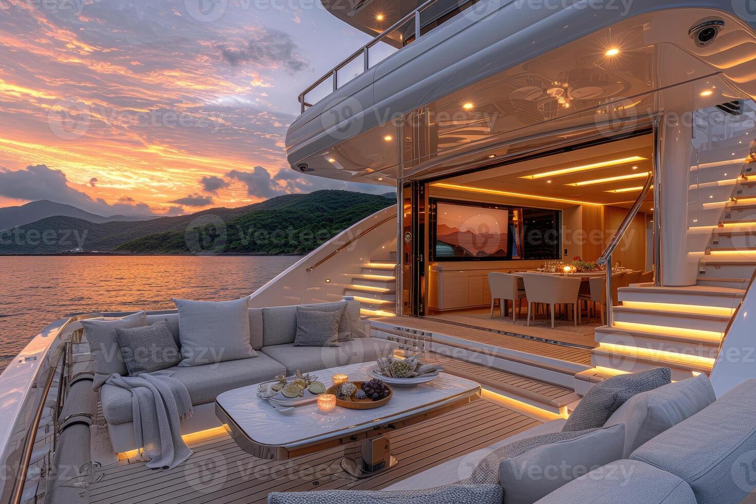 AI generated Dining table on the upper deck fancy yacht professional advertising food photography photo