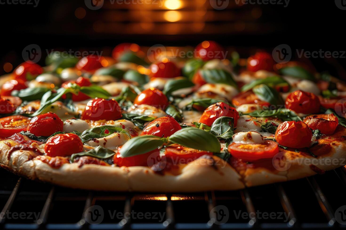 AI generated View inside the oven tray baking pizza professional advertising food photography photo