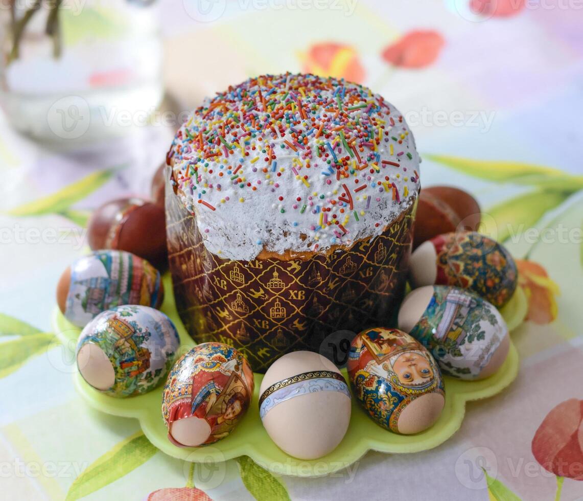 Easter cake and colored eggs. Orthodox Easter photo