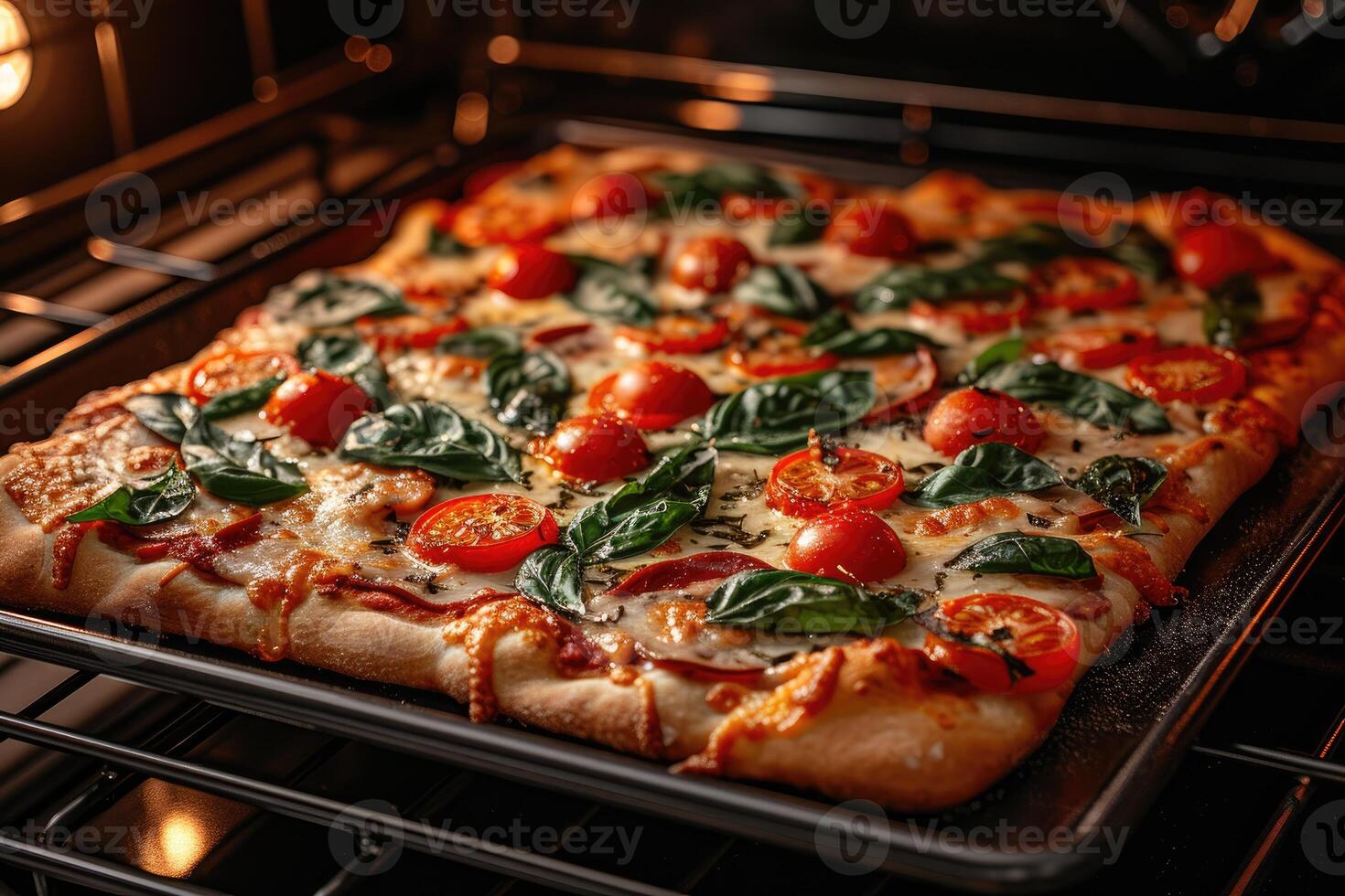 AI generated View inside the oven tray baking pizza professional advertising food photography photo