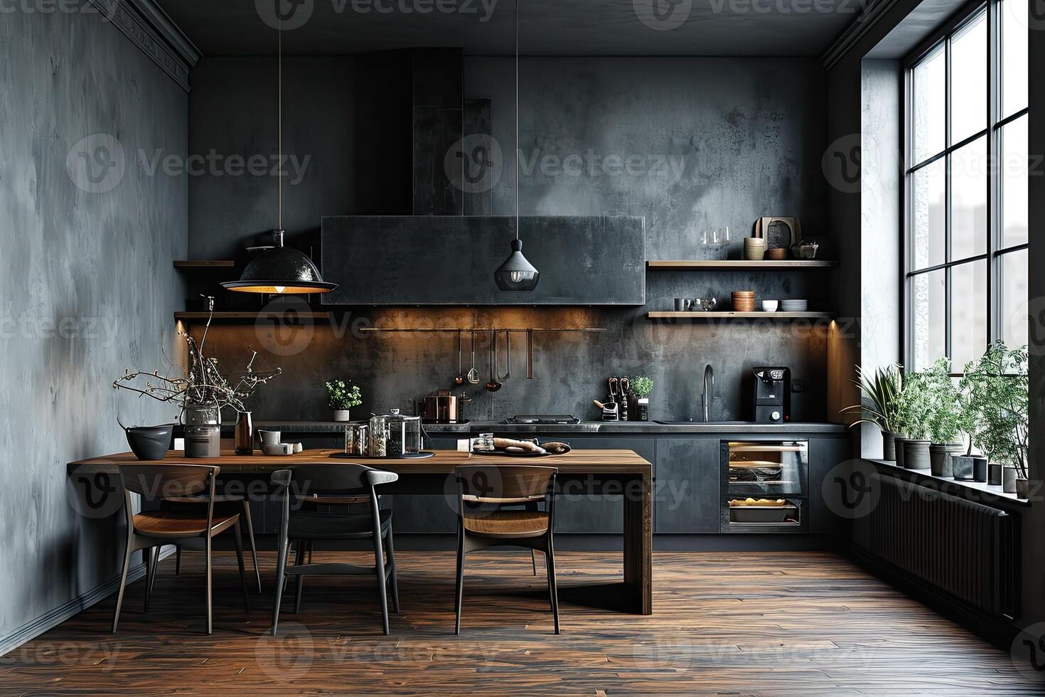 AI generated modern kitchen design with wooden flooring interior professional advertising photography photo