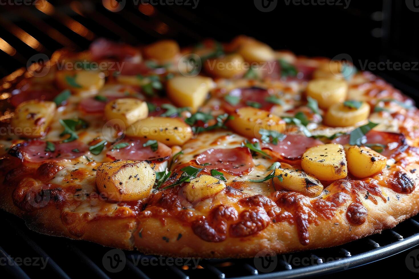 ai generado ver dentro el horno bandeja horneando Pizza profesional publicidad comida fotografía foto