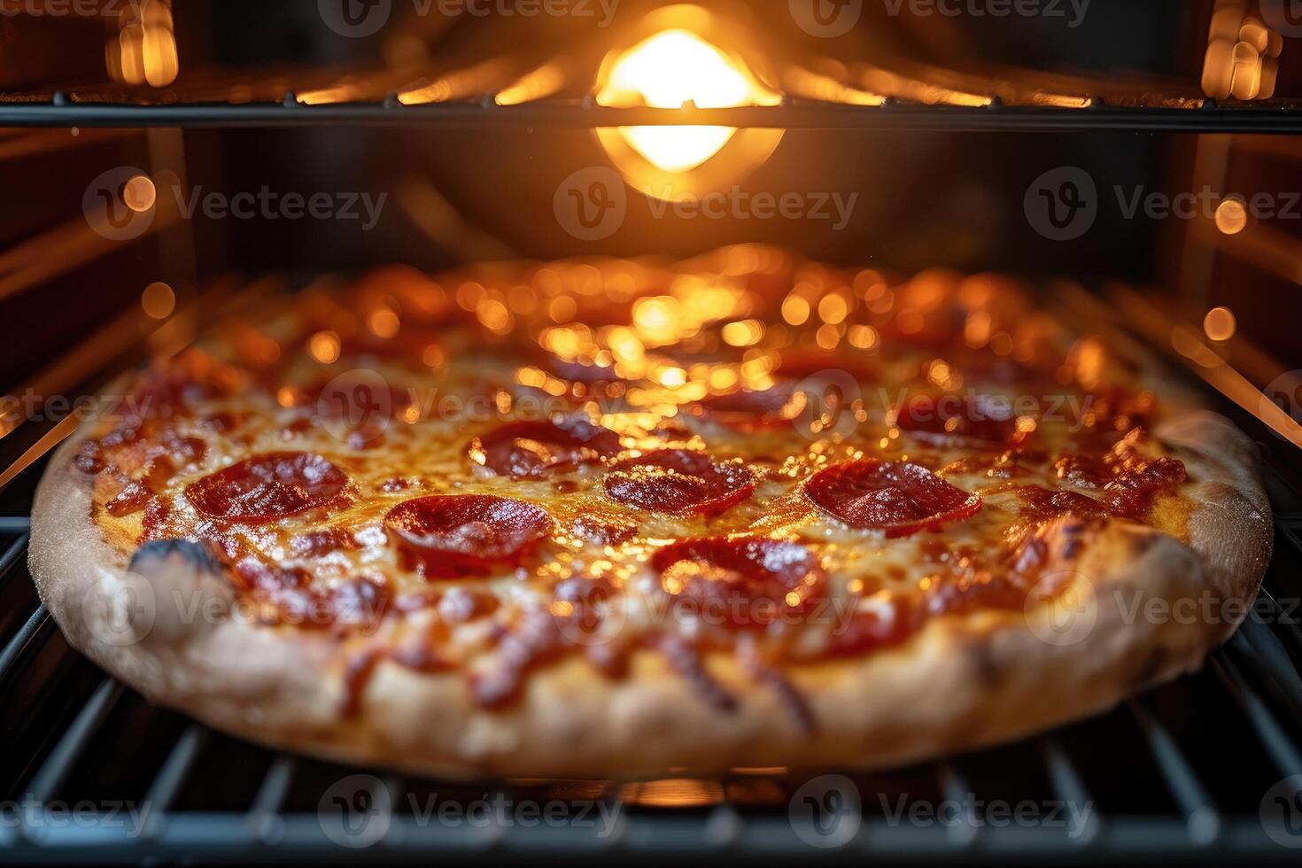 AI generated View inside the oven tray baking pizza professional advertising food photography photo