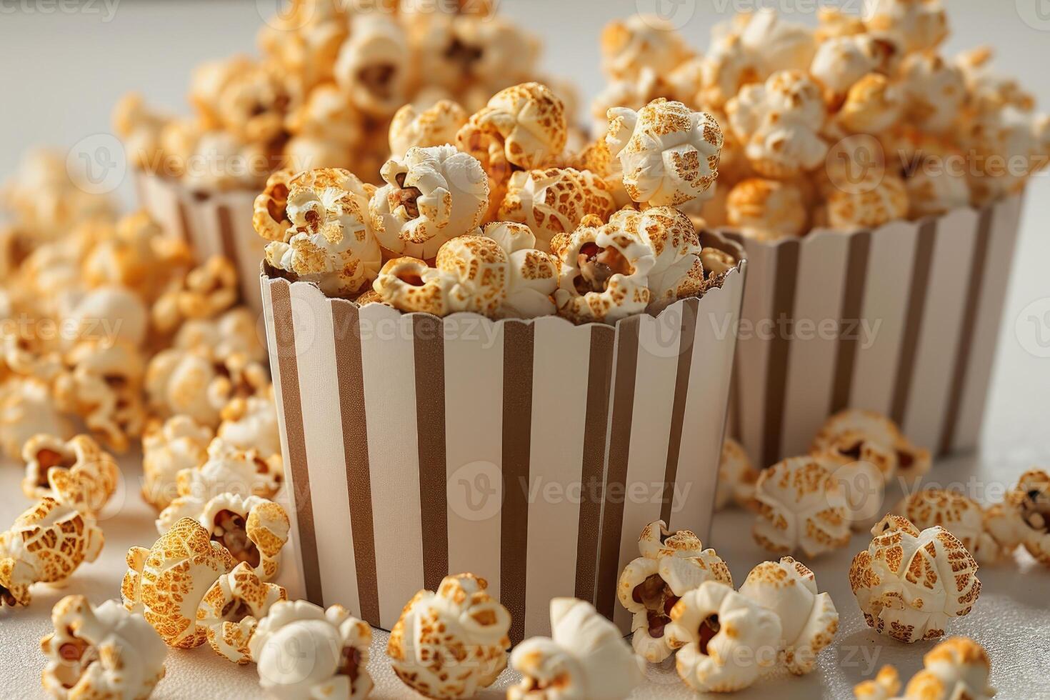 AI generated popcorn popping in striped cardboard bucket professional advertising food photography photo