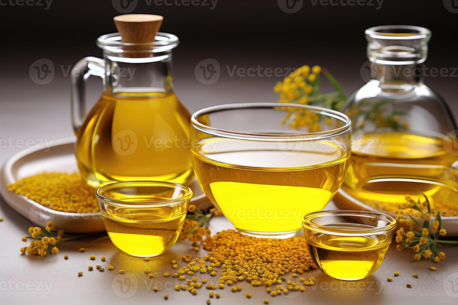 AI generated sesame oil extract with isolated kitchen table professional advertising food photography photo
