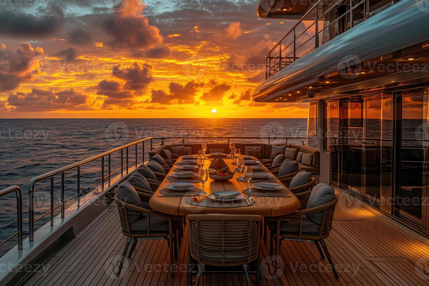 AI generated Dining table on the upper deck fancy yacht professional advertising food photography photo