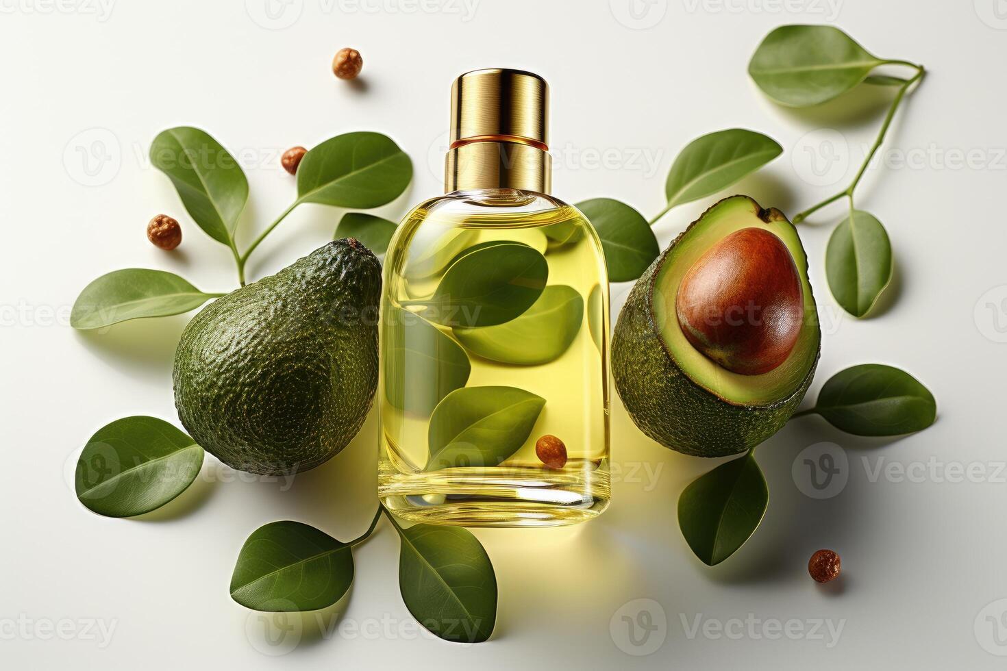 AI generated avocado oil extract with isolated kitchen table professional advertising food photography photo