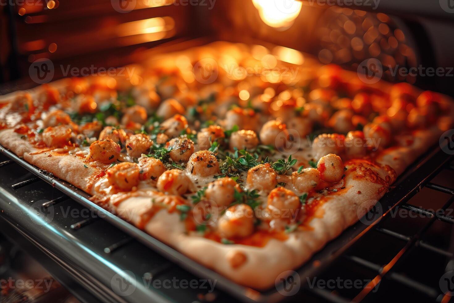AI generated View inside the oven tray baking pizza professional advertising food photography photo