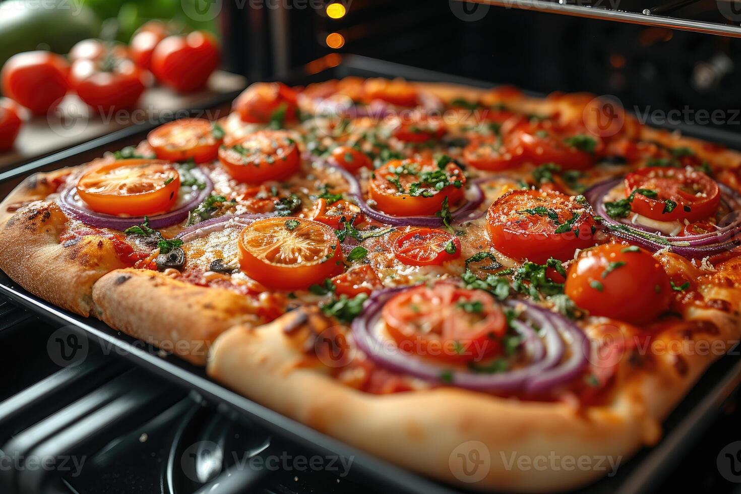 AI generated View inside the oven tray baking pizza professional advertising food photography photo