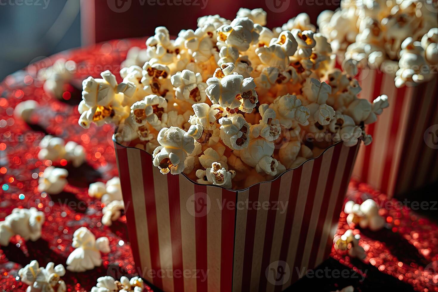 AI generated popcorn popping in striped cardboard bucket professional advertising food photography photo