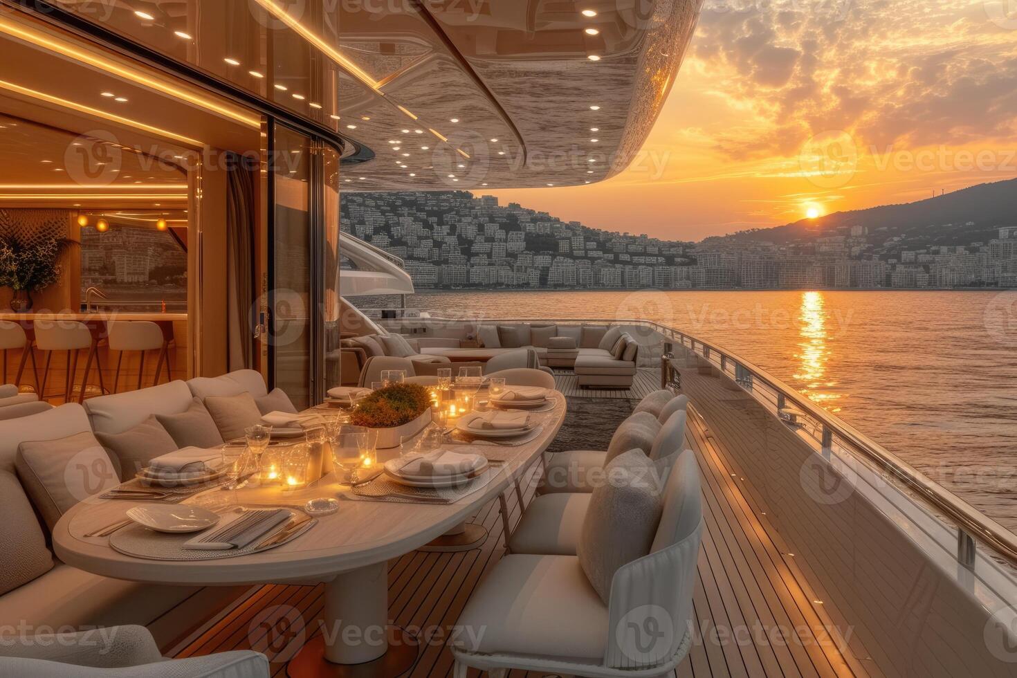 AI generated Dining table on the upper deck fancy yacht professional advertising food photography photo