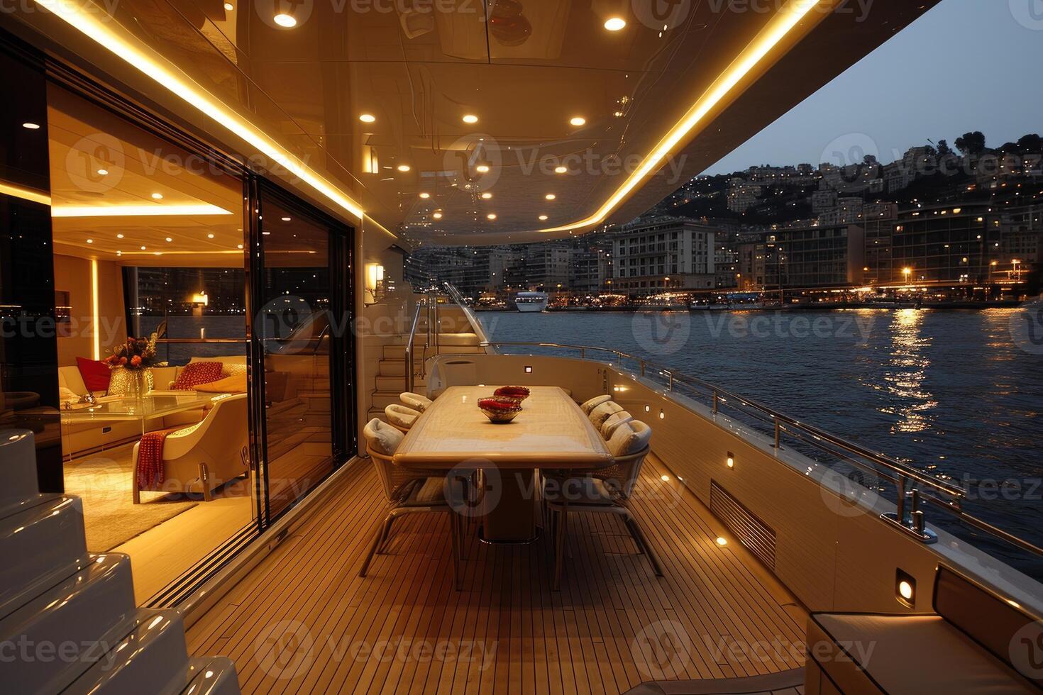 AI generated dining table in the yacht design professional advertising photography photo