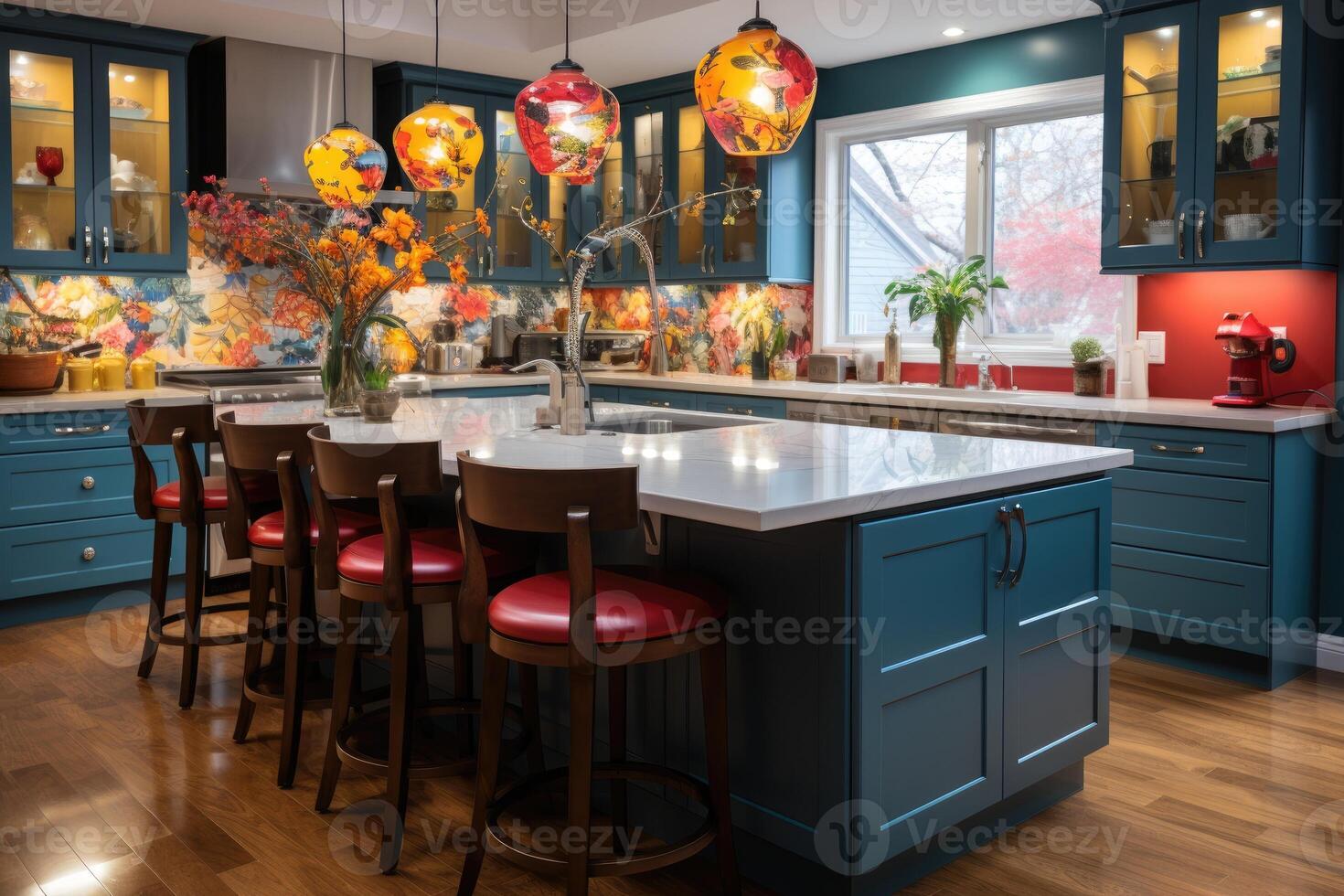 AI generated modern kitchen with countertops colorful and playful patterns interior designer professional advertising photography photo